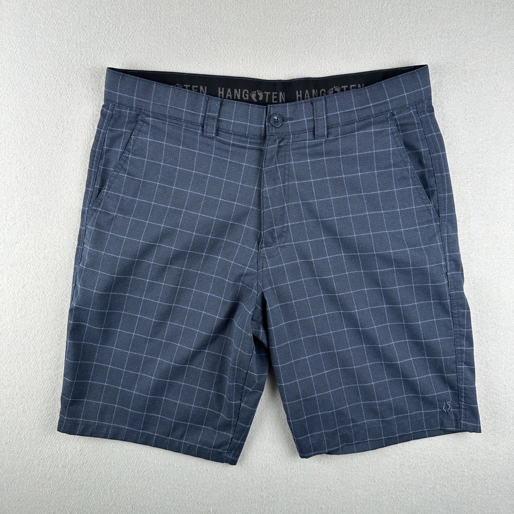 Hang Ten‎ Indigo Blue High Rise Flat Front Casual Plaid Shorts Men's Size 34